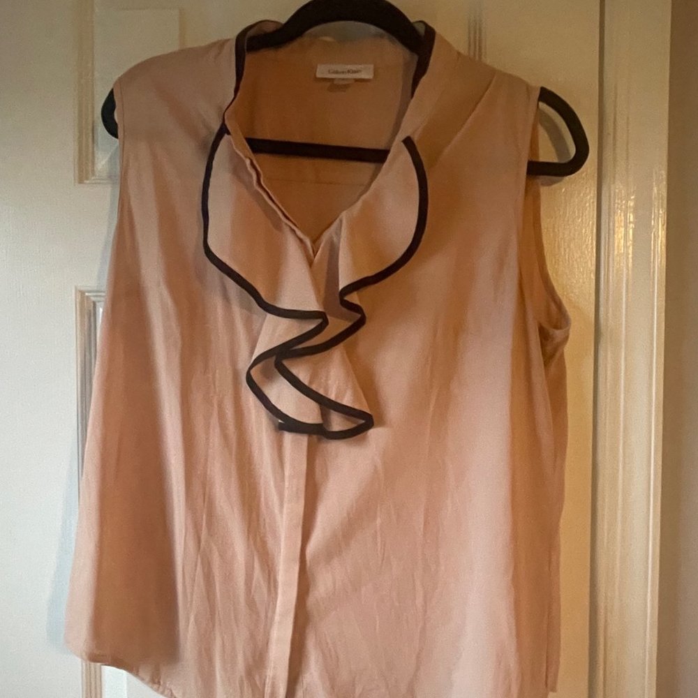 Calvin Klein Pink Blush Ruffled with Black Lining Blouse Shirt - L